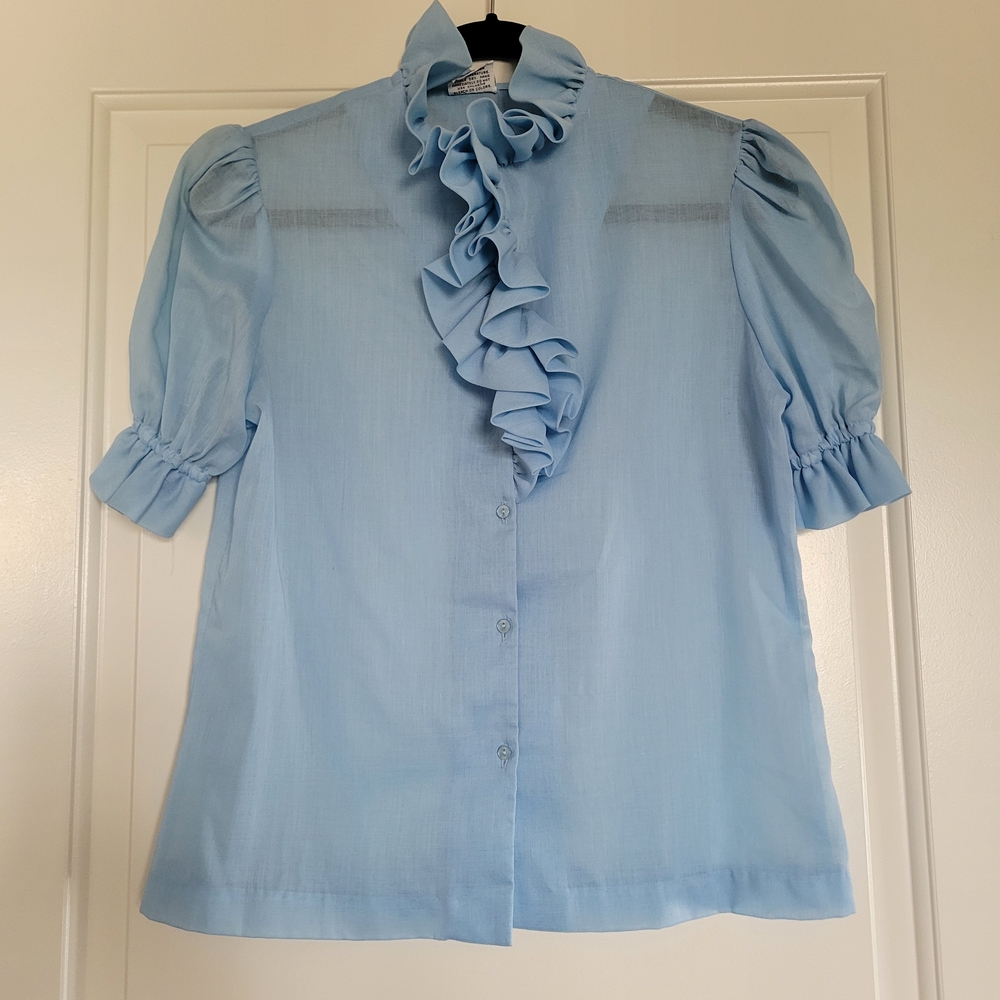 Vintage Sheer Short Sleeve Sky Blue Ruffled Blouse